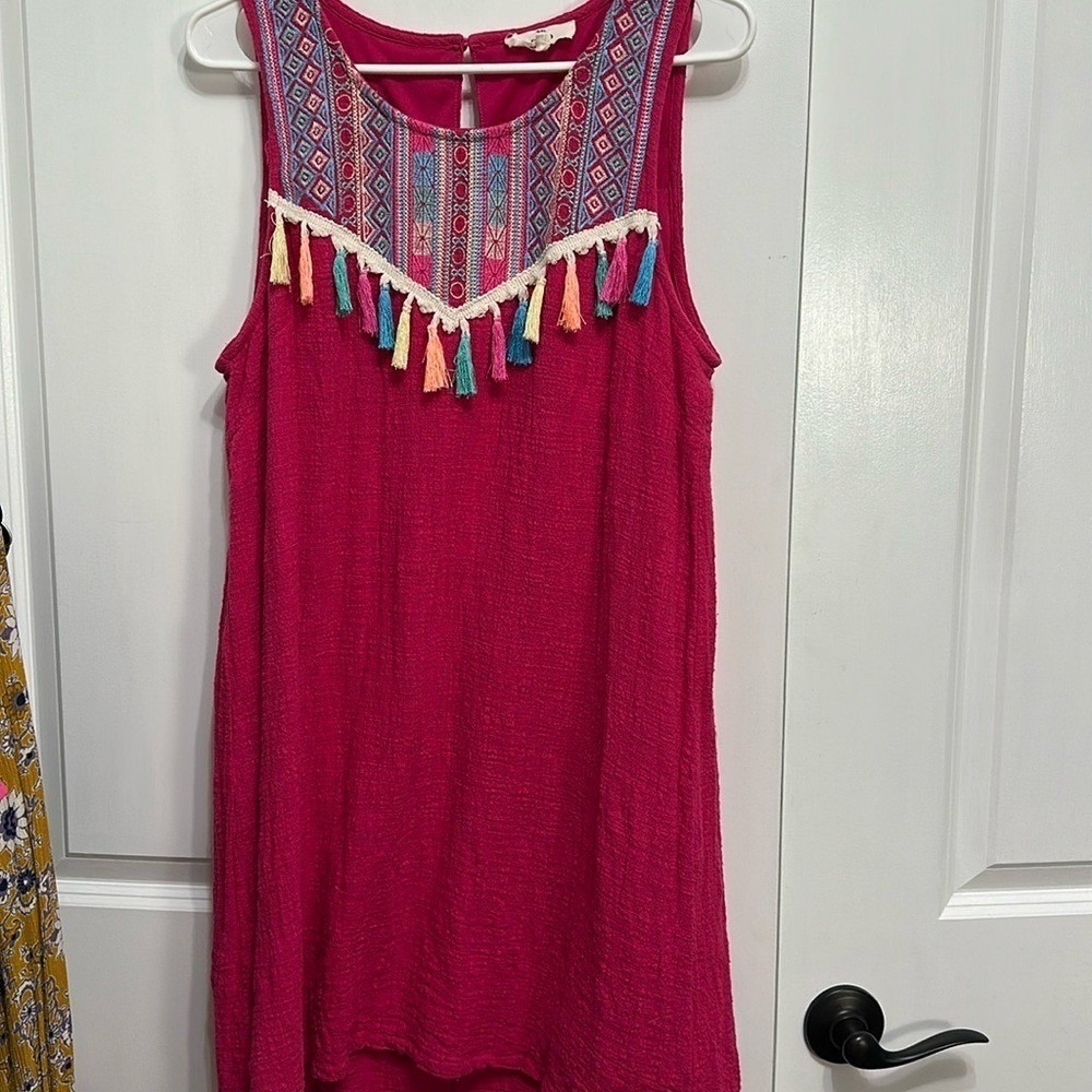 Entro Pink Embroidered Tassel Boho Shift Dress Womens Large Sleeveless Magenta